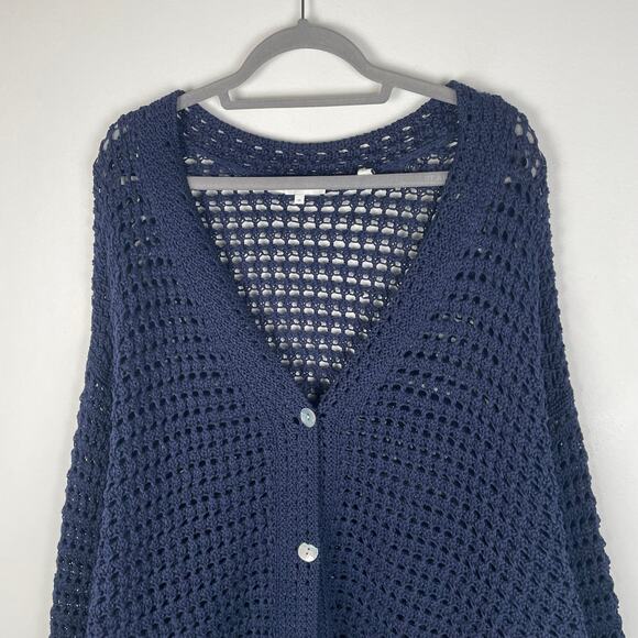 VINCE Crochet Cardigan Sweater Womens 3X Navy Blue Organic Cotton Button Front - Picture 11 of 16